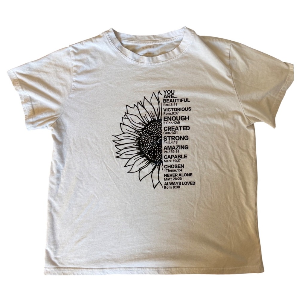 SHEIN Womens White Sunflower Bible Verse Inspirational Graphic T-Shirt XL
